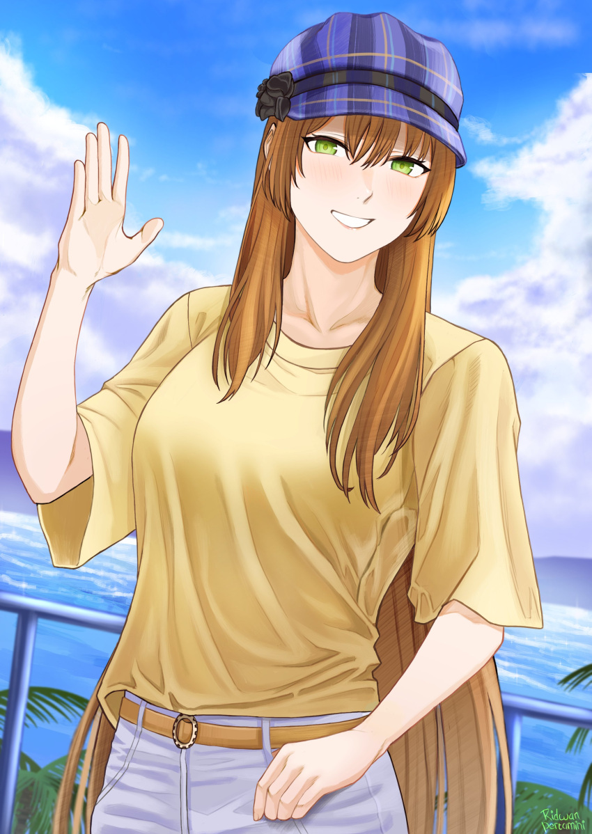 1girl absurdres belt blush brown_hair cloud cloudy_sky girls'_frontline green_eyes grey_pants hand_up hat highres long_hair looking_at_viewer outdoors pants parted_lips purple_headwear railing ridwanpertamini shirt sky smile solo springfield_(girls'_frontline) straight-on t-shirt upper_body yellow_shirt
