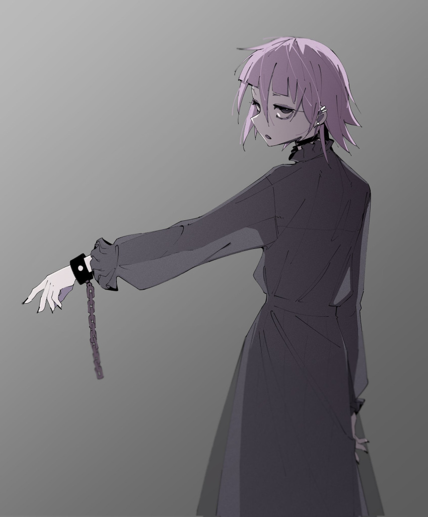 black_choker black_dress blunt_bangs chain choker commentary crona_(soul_eater) cuffs dress ear_piercing earrings from_behind gradient_background grey_background highres jewelry long_dress long_sleeves looking_back machuuu68 piercing pink_hair puffy_long_sleeves puffy_sleeves shackles short_eyebrows short_hair soul_eater