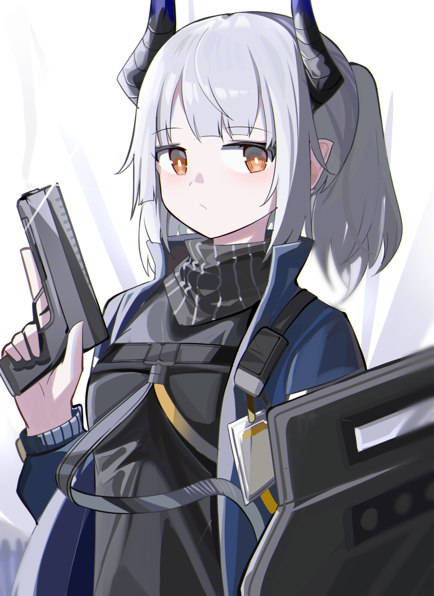 1girl absurdres arknights black_shirt blue_jacket breasts brown_eyes closed_mouth grey_hair gun handgun highres holding holding_gun holding_weapon horns jacket liskarm_(arknights) long_sleeves looking_at_viewer open_clothes open_jacket pointy_ears ponytail puffy_long_sleeves puffy_sleeves riot_shield shield shirt small_breasts solo spam_(spamham4506) weapon weapon_request