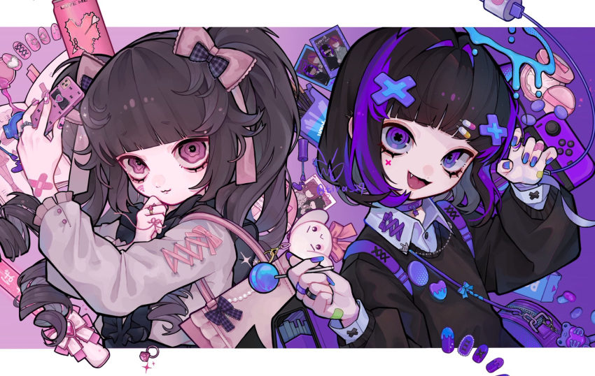 2girls :3 artist_name backpack bag bandaid_on_wrist black_bow black_hair blue_nails blunt_bangs bow cable candy cellphone charger choker closed_mouth crossed_bandaids drill_hair facial_mark fake_nails fang food game_console gradient_nails hair_bow hair_ornament halo heart heart_in_eye highres holding holding_candy holding_food holding_lollipop holding_phone jewelry jirai_kei letterboxed lollipop long_hair long_sleeves looking_at_viewer multicolored_hair multiple_girls nail_art nail_polish nail_polish_brush open_mouth original ornate_ring outside_border phone photo_(object) pill_hair_ornament pink_bow pink_eyes pink_nails plaid plaid_bow puffy_long_sleeves puffy_sleeves purple_choker purple_eyes purple_hair ring short_hair signature streaked_hair symbol-shaped_pupils symbol_in_eye tira_27 twin_drills twitter_username two-tone_hair upper_body wifi_symbol x-shaped_pupils x_hair_ornament