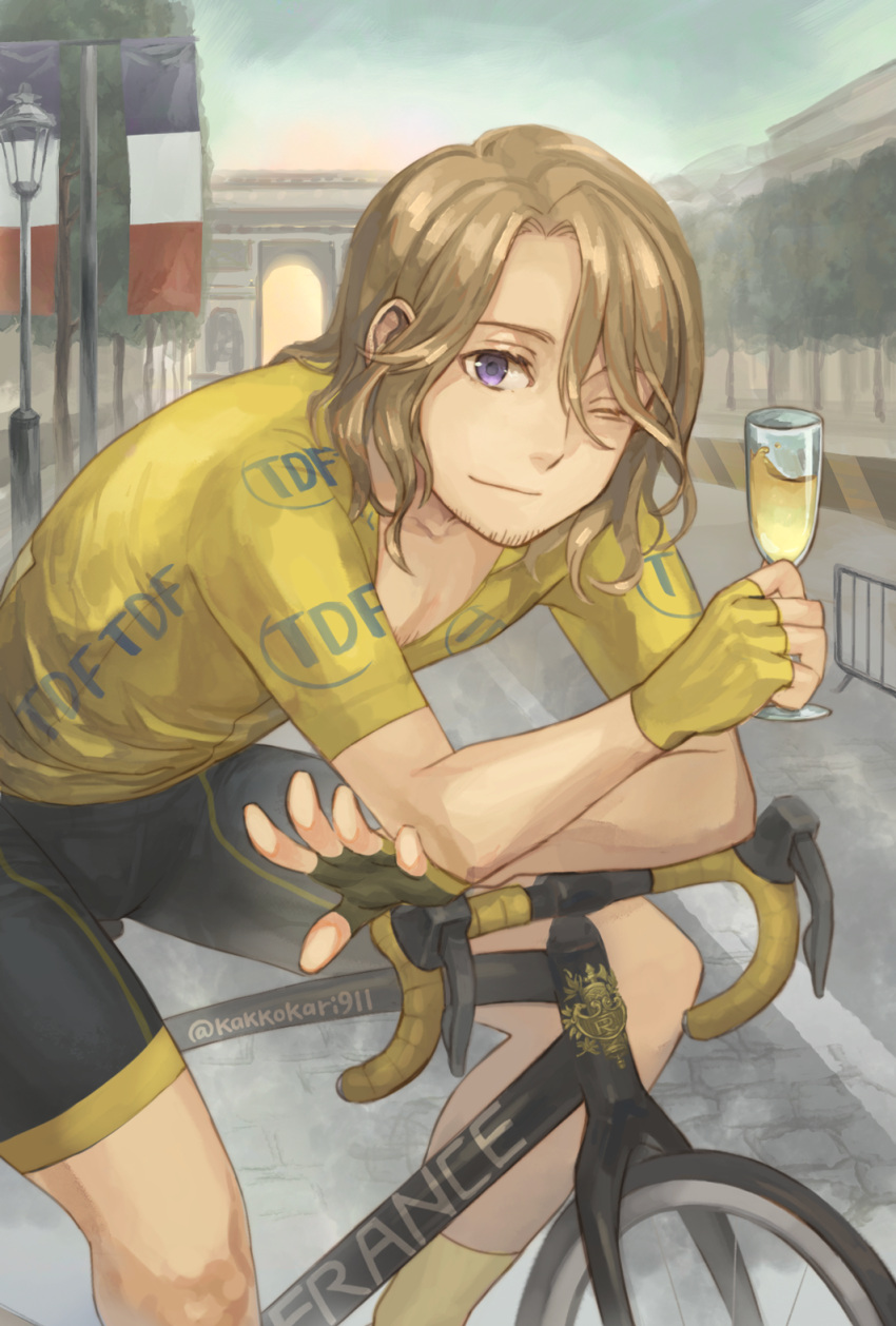 1boy alcohol axis_powers_hetalia bangs bicycle bike_jersey brown_hair cup cycling_uniform drinking_glass facial_hair fingerless_gloves france_(hetalia) french_flag gloves ground_vehicle highres holding holding_cup kakkokari911 lamppost leaning_back long_hair looking_at_viewer one_eye_closed outdoors parted_bangs purple_eyes riding riding_bicycle shorts smile solo