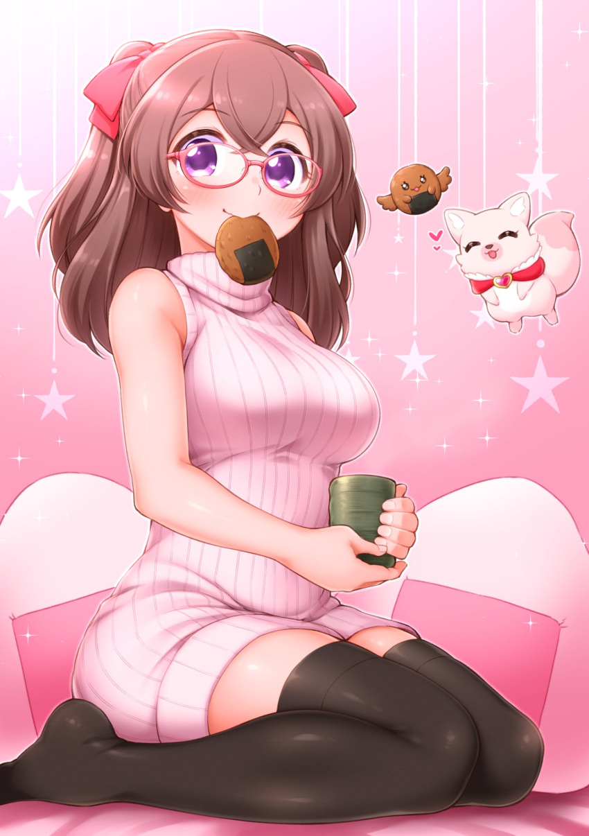 1girl arakawa_tarou bespectacled black_thighhighs blush bow breasts brown_hair casual commentary_request creature cup delicious_party_precure dress food food_in_mouth glasses hair_bow highres holding holding_cup kome-kome_(precure) legs mouth_hold nagomi_yui no_shoes onigiri pink-framed_eyewear pink_background pink_sweater precure purple_eyes recipipi red_bow ribbed_sweater senbei sleeveless_turtleneck_dress sparkle star_(symbol) sweater sweater_dress thighhighs turtleneck two_side_up yunomi zettai_ryouiki