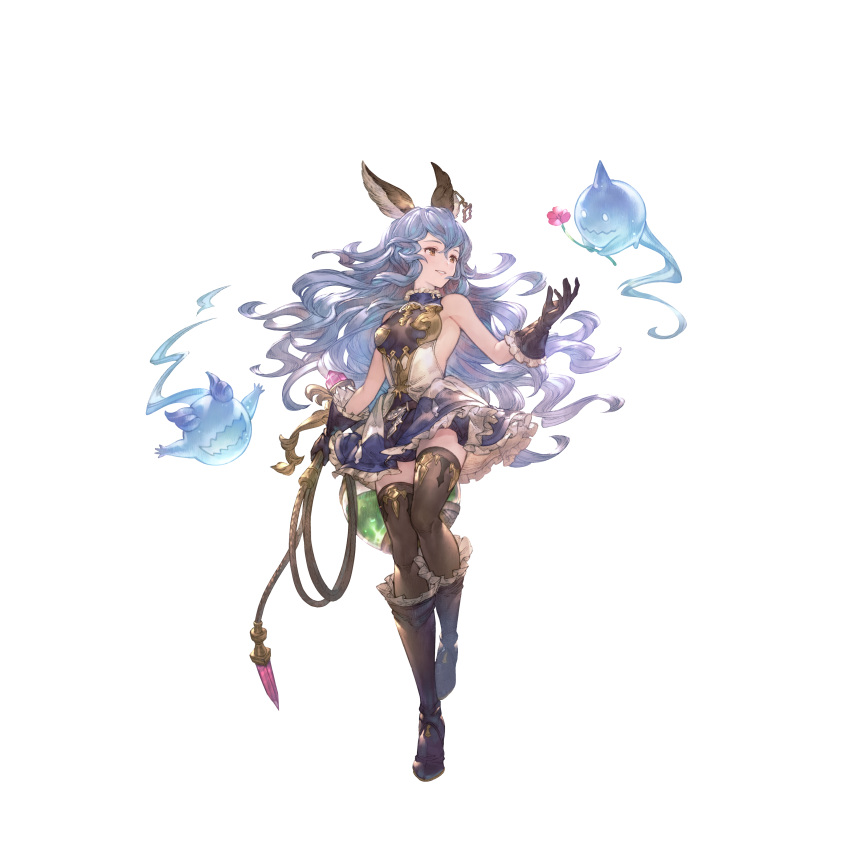 1girl absurdres animal_ears bare_shoulders blue_hair boots breasts brown_eyes dress earrings elbow_gloves erune ferry_(granblue_fantasy) flower fugee_(granblue_fantasy) full_body gloves gold_trim granblue_fantasy granblue_fantasy:_relink highres holding holding_weapon holding_whip jewelry knee_boots long_hair minaba_hideo nicola_(granblue_fantasy) official_art open_mouth pleated_skirt short_dress skirt sleeveless sleeveless_dress small_breasts smile solo standing thighhighs transparent_background weapon whip zettai_ryouiki