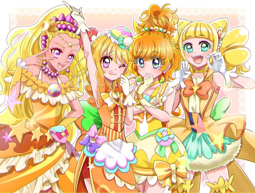 4girls :d ;d amamiya_elena apron aqua_skirt arm_up back_bow bike_shorts_under_skirt blonde_hair blue_eyes bow brooch bubble_skirt choker circlet closed_mouth color_connection cone_hair_bun cowboy_shot cure_papaya cure_soleil cure_sparkle cure_yum-yum dark-skinned_female dark_skin delicious_party_precure dot_nose double_bun dress dress_bow drill_hair earrings eyeshadow fingerless_gloves frilled_hat frills gloves green_bow green_eyes hair_bun hair_ornament hanamichi_ran hat hat_bow healin'_good_precure heart heart_brooch heart_hair_ornament high_ponytail hiramitsu_hinata ichinose_minori in-franchise_crossover jewelry komanana320 lace_background large_bow legs_apart legs_together long_hair looking_at_viewer magical_girl makeup mini_hat multiple_girls necklace one_eye_closed open_mouth orange_background orange_bow orange_dress orange_hair orange_thighhighs petticoat pink_bow ponytail pouch precure purple_bow purple_eyes purple_eyeshadow red_shorts short_hair shorts skirt smile standing star_(symbol) star_hair_ornament star_twinkle_precure striped_clothes thick_eyelashes thighhighs three_quarter_view tongue tongue_out tropical-rouge!_precure twin_drills vertical-striped_clothes white_gloves yellow_choker yellow_gloves yellow_wrist_cuffs