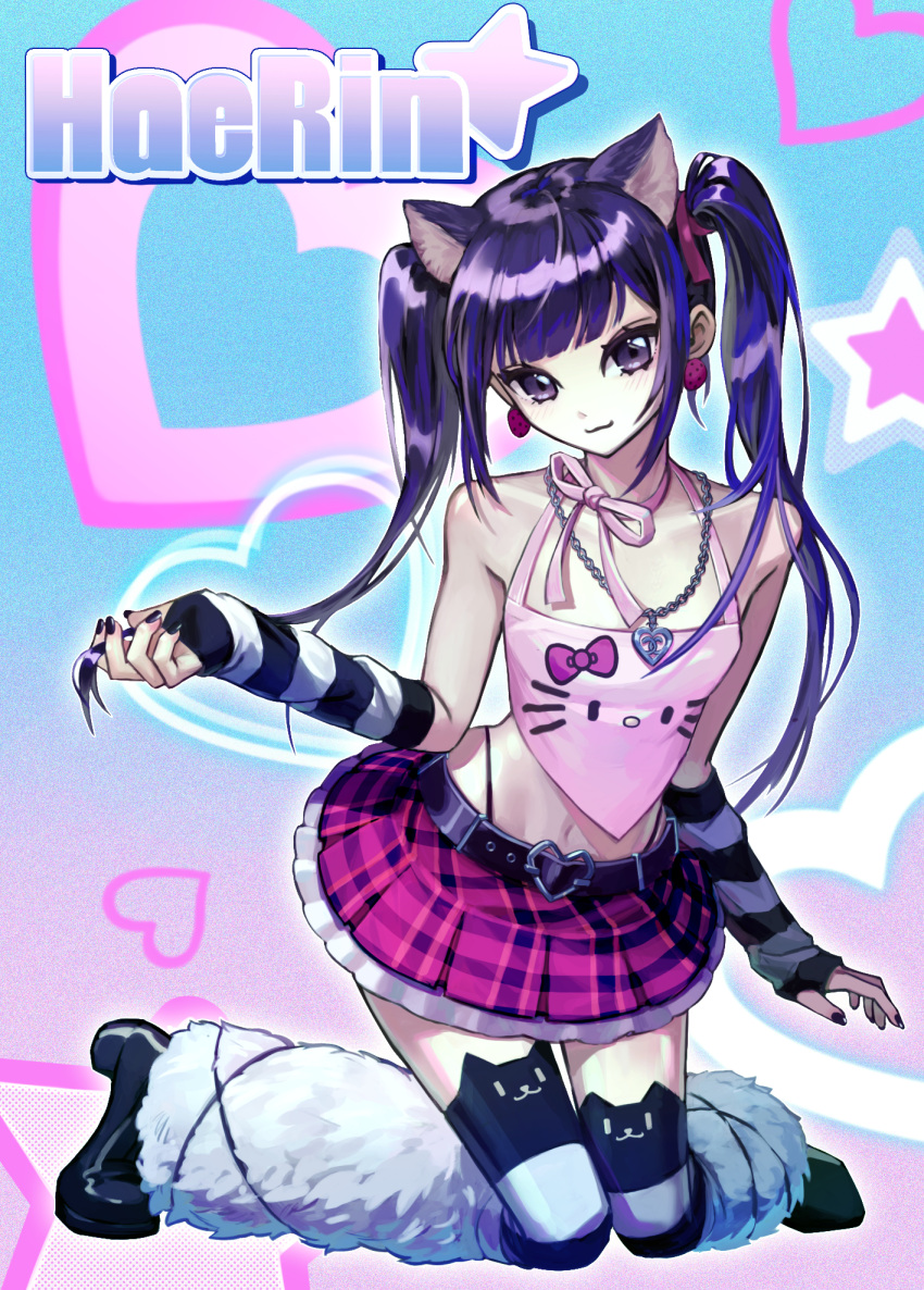 1girl animal_ears animification black_eyes black_footwear black_hair black_thighhighs blue_hair boots camisole cat_ears character_name chewie earrings fingerless_gloves gloves heart hello_kitty hello_kitty_(character) highres jewelry k-pop kneeling multicolored_hair neck_ribbon newjeans pink_camisole pink_ribbon pink_skirt plaid plaid_skirt real_life ribbon sanrio skirt smile solo star_(symbol) streaked_hair striped_clothes striped_gloves thighhighs twintails