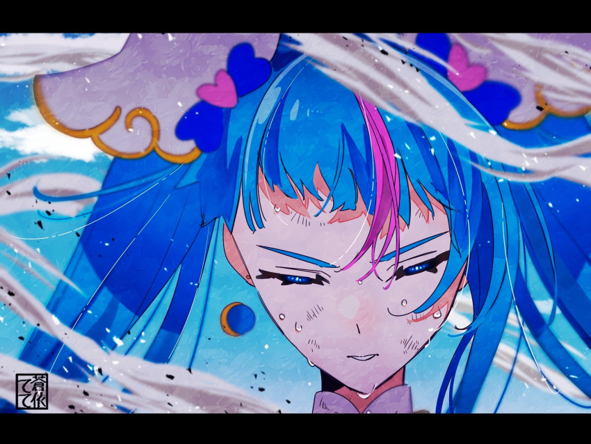 1girl aoi_tete artist_logo blue_hair blue_sky closed_eyes cloud cloudy_sky commentary cure_sky cut_bangs day earrings highres hirogaru_sky!_precure jewelry letterboxed long_hair magical_girl multicolored_hair outdoors parted_lips pink_hair precure single_sidelock sky smoke solo sora_harewataru streaked_hair sweat twintails wind wing_hair_ornament
