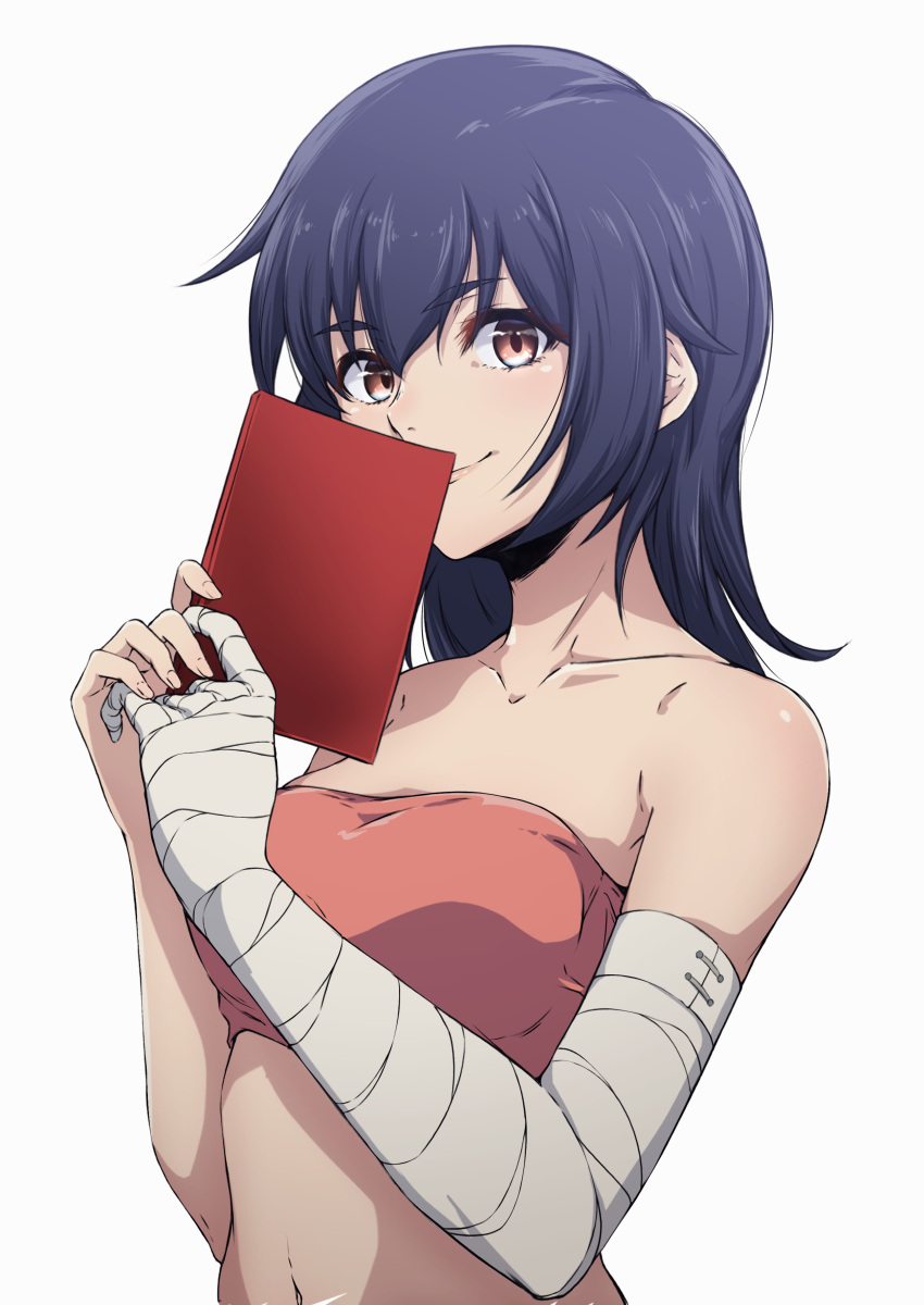 1girl absurdres bandaged_arm bandages bandeau book breasts collarbone grey_background hanamonogatari highres holding holding_book kanbaru_suruga looking_at_viewer medium_breasts monogatari_(series) nishizuki_shino pink_bandeau purple_hair red_eyes short_hair simple_background smile solo upper_body