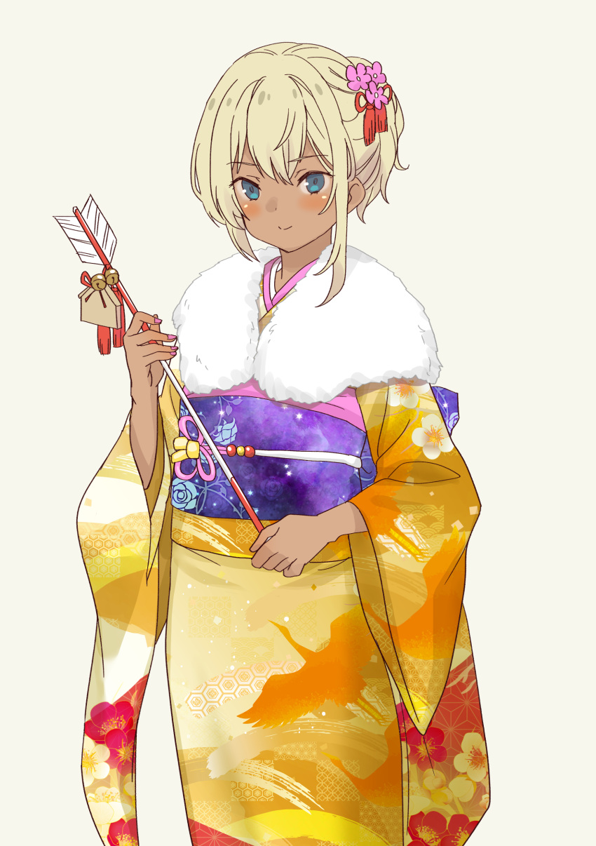 1girl absurdres animal_print arrow_(projectile) bird_print blonde_hair blue_eyes blush daipunch floral_print flower fur_trim furisode hair_flower hair_ornament hair_up hamaya highres japanese_clothes kimono looking_at_viewer new_year obi original sash smile solo standing wide_sleeves yellow_kimono