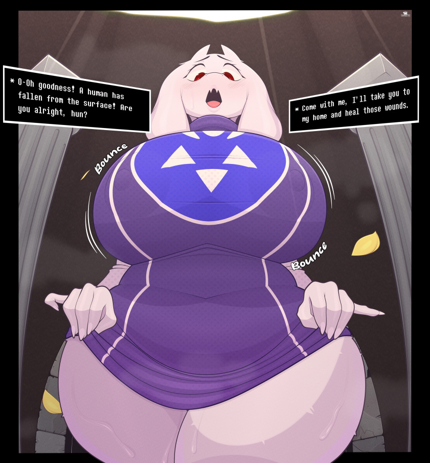 absurd_res anthro big_breasts blush boss_monster bovid breasts caprine clothing coffilatte_(artist) english_text exclamation_point female floppy_ears goat hi_res horn huge_breasts mammal nipple_outline onomatopoeia open_mouth question_mark red_eyes robe solo sound_effects text thick_thighs toriel undertale undertale_(series) white_body