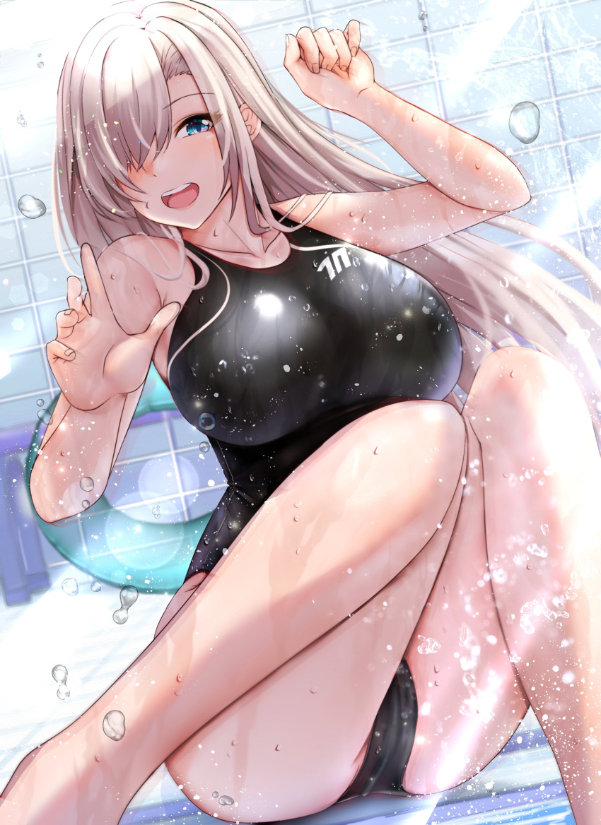 1girl absurdres asuna_(blue_archive) black_one-piece_swimsuit blue_archive blue_eyes breasts collarbone hair_over_one_eye highres indoors large_breasts light_brown_hair long_hair looking_at_viewer one-piece_swimsuit open_mouth shohei_(piranha5hk) shower_(place) sitting solo swimsuit very_long_hair water_drop wet