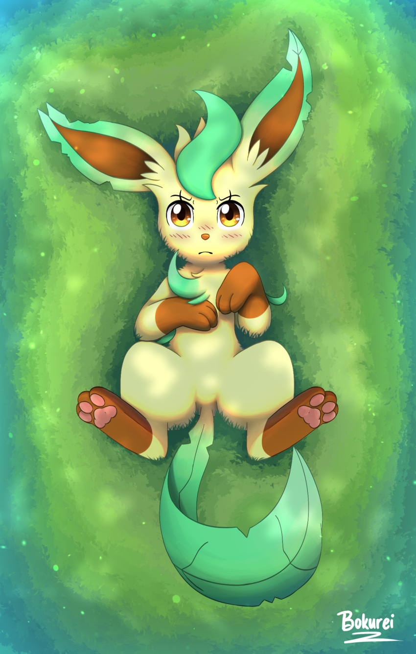 2023 alternate_species ambiguous_gender annoyed bird's-eye_view blush bokurei brown_eyes brown_nose chest_tuft dappled_light detailed_background digitigrade eeveelution elemental_creature featureless_crotch feral flora_fauna front_view frown full-length_portrait fur generation_4_pokemon head_leaf hi_res high-angle_view isolde_(bokurei) leaf_tail leafeon leg_markings looking_at_viewer looking_up lying markings nintendo notched_ear on_back on_grass outside pawpads paws pink_pawpads plant pokemon pokemon_(species) portrait socks_(marking) solo tail tan_body tan_fur tuft