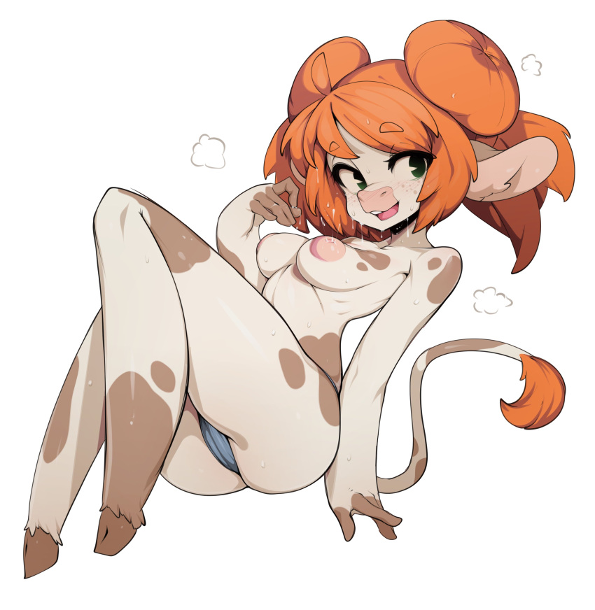 1girl absurdres animal_ears blush breasts commentary cow_ears cow_girl cow_tail double_bun english_commentary freckles full_body furry green_eyes hair_bun highres inverted_nipples looking_at_viewer medium_breasts open_mouth orange_hair original short_hair simple_background slugbox smile solo sweat tail thick_eyebrows topless white_background