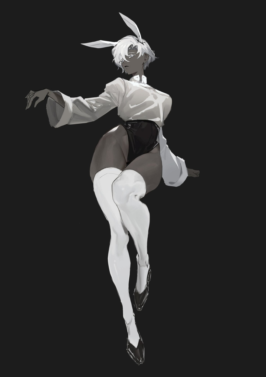 1girl animal_ears black_footwear black_shorts breasts closed_mouth collared_shirt dark-skinned_female dark_skin extra_ears eyelashes full_body groin hair_between_eyes highleg_shorts highres knee_up large_breasts long_sleeves looking_at_viewer monochrome nanase_miri original outstretched_arm rabbit_ears rabbit_girl shirt shirt_tucked_in short_hair short_shorts shorts simple_background skindentation solo standing standing_on_one_leg thighhighs white_hair white_shirt