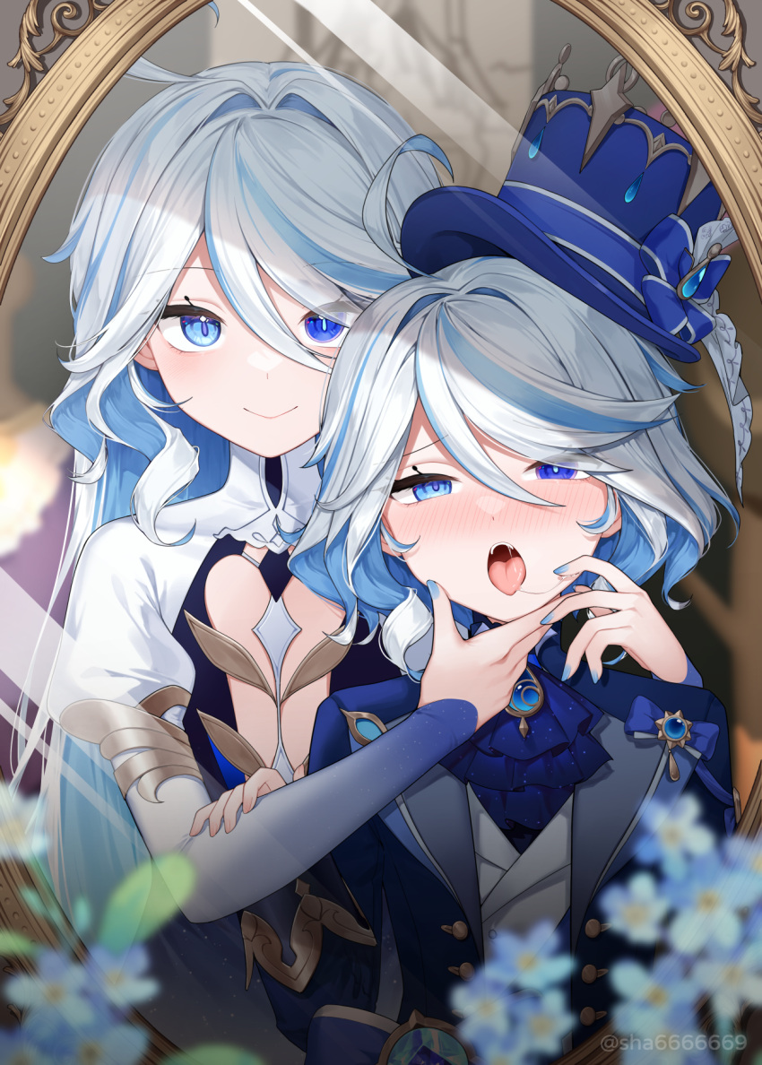 2girls ahoge ascot blue_ascot blue_brooch blue_eyes blue_hair blue_headwear blue_jacket blue_nails blush closed_mouth commentary cowlick dress drop-shaped_pupils focalors_(genshin_impact) furina_(genshin_impact) genshin_impact hair_between_eyes hat heterochromia highres indoors jacket juliet_sleeves long_hair long_sleeves looking_at_mirror looking_at_viewer mirror multicolored_hair multiple_girls no_gloves open_mouth puffy_sleeves reflection saliva saliva_trail shrimp_cake smile streaked_hair tongue tongue_out top_hat twitter_username upper_body white_dress white_hair