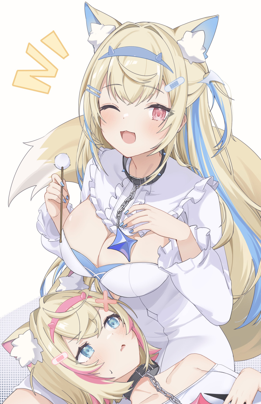 2girls absurdres angeldu animal_ears bandaid bandaid_hair_ornament belt_collar black_collar blonde_hair blue_eyes blue_hair blue_nails blush breasts cleavage cleavage_cutout clothing_cutout collar cropped_shirt dog_ears dog_girl dog_tail dress fuwawa_abyssgard fuwawa_abyssgard_(1st_costume) hair_ornament hairpin hand_on_own_chest highres hololive hololive_english lap_pillow large_breasts looking_at_viewer looking_up lying medium_hair mimikaki mococo_abyssgard mococo_abyssgard_(1st_costume) multicolored_hair multiple_girls nail_polish on_back one_eye_closed pink_eyes pink_hair shirt short_dress siblings sisters small_breasts smile spiked_collar spikes streaked_hair tail twins two_side_up virtual_youtuber white_background white_dress white_shirt x_hair_ornament