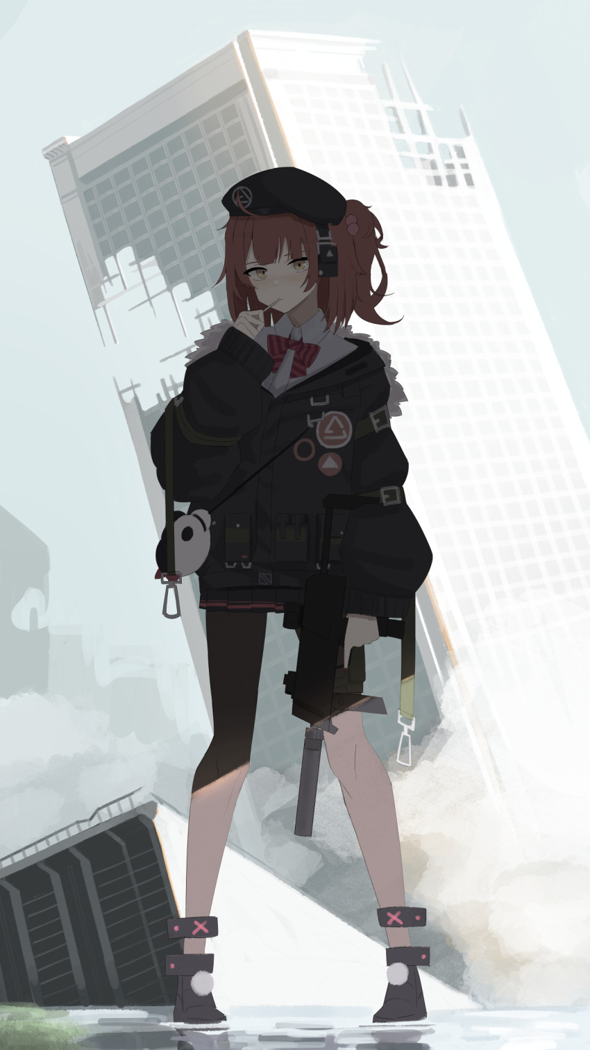 1girl beret black_footwear black_headwear black_pantyhose boots bow candy day dust_cloud food food_in_mouth full_body fur-trimmed_jacket fur_trim girls'_frontline grey_sky gun h&amp;k_mp7 hair_bobbles hair_ornament hat headphones highres holding holding_gun holding_weapon jacket lollipop looking_at_viewer mado_mdmbx_(wjjj5485) mp7_(girls'_frontline) orange_hair outdoors pantyhose pink_bow ruins shade sky solo straight-on striped_bow submachine_gun trigger_discipline weapon yellow_eyes