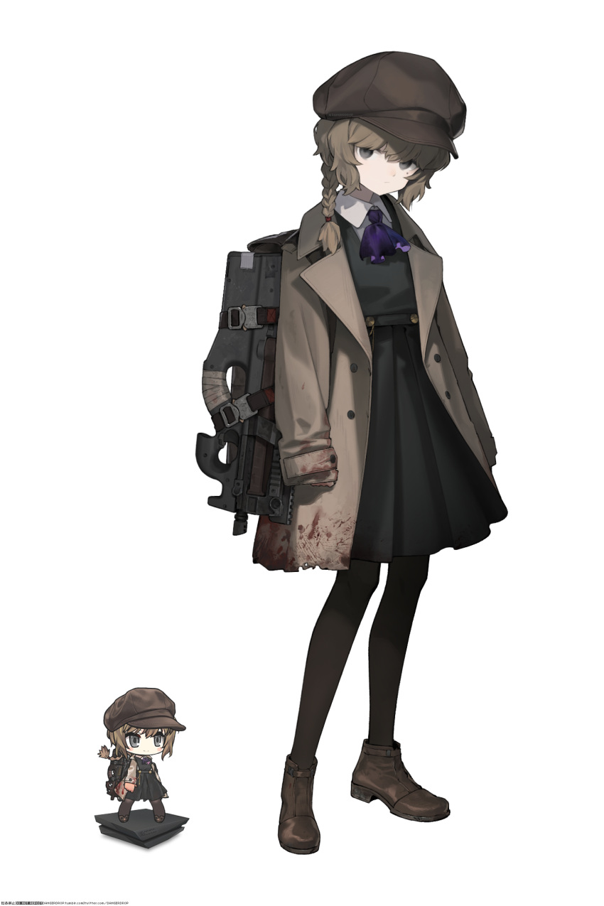 1girl ascot astg black_pantyhose black_skirt blood blood_on_clothes boots braid brown_bag brown_coat brown_footwear brown_hair brown_headwear bullpup closed_mouth coat collared_shirt female_commander_(girls'_frontline) full_body girls'_frontline grey_eyes gun highres long_sleeves looking_at_viewer mole mole_under_eye p90 pantyhose pleated_skirt purple_ascot shirt simple_background skirt submachine_gun weapon white_background white_shirt