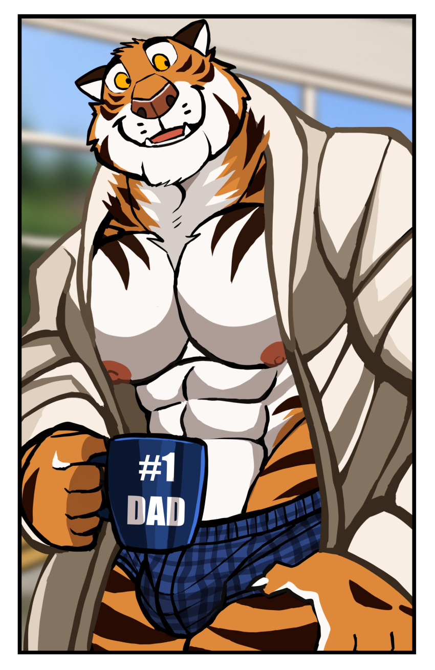 2023 abs absurd_res anthro barazoku big_bulge big_muscles big_pecs blurred_background border bulge claws clothed clothing coffee_mug daddy_kink darknaigart english_text eyebrows felid fur hi_res holding_mug holding_object huge_muscles inside male mammal mug muscular muscular_anthro muscular_male nipples number open_clothing open_robe open_topwear pantherine pecs robe smile solo standing teeth text text_on_mug tiger topwear tuft underwear white_border window