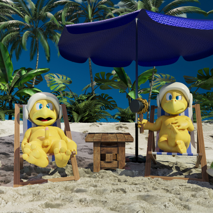 1:1 3_toes 3d_(artwork) angry beach crossed_legs digital_media_(artwork) duo erection feet hammer hammer_bro hi_res koopa male male/male mario_bros nintendo nude scalie seaside shell-less soles toes tools tribaldragon