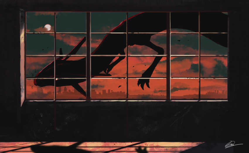 cloud g_(xkhkxx) highres moon night no_humans pokemon pokemon_(creature) rayquaza shadow signature skyline through_window window