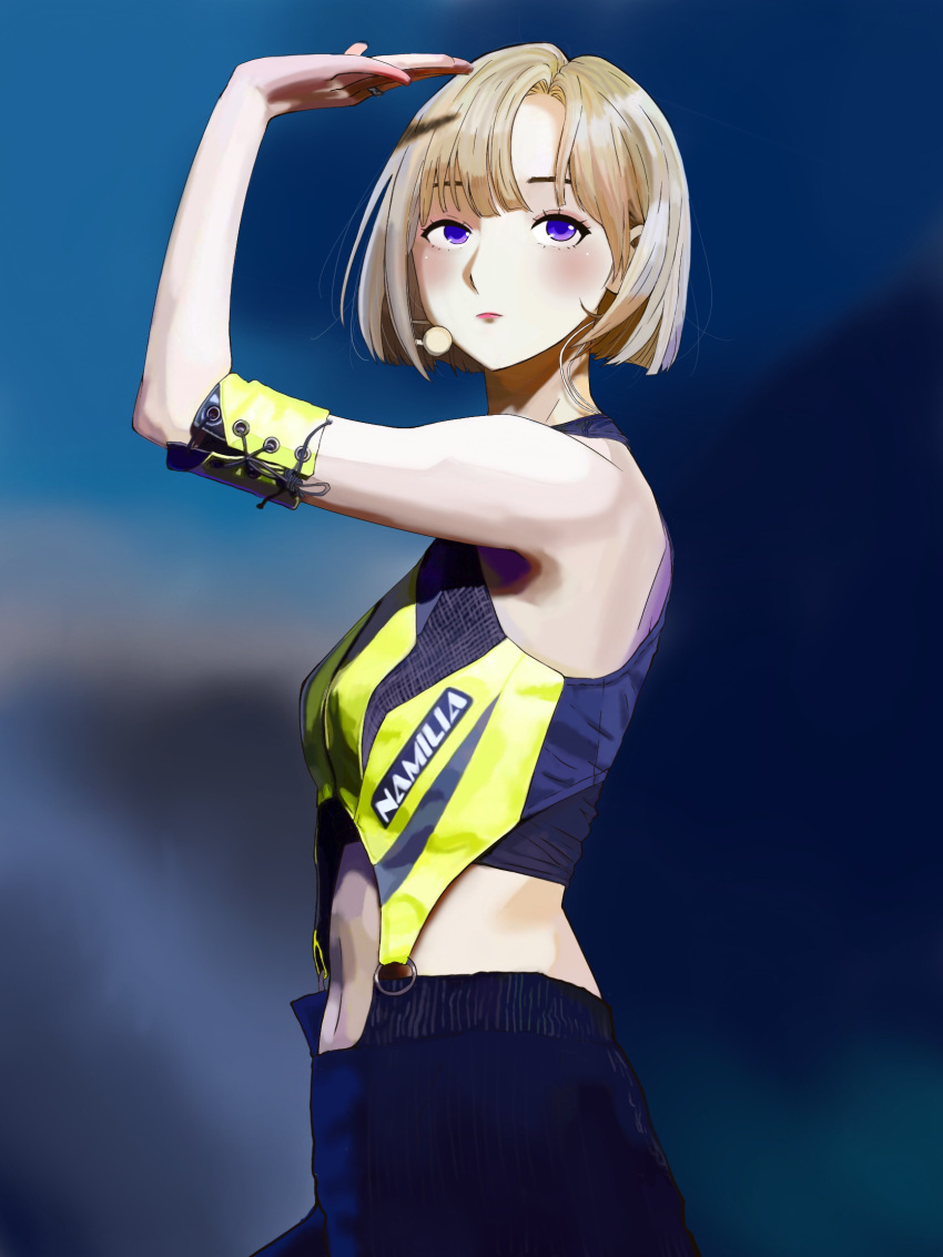 1girl aespa basala5417 black_pants blonde_hair blue_eyes blush clothing_cutout earpiece from_side highres jewelry k-pop light_frown looking_up navel pants real_life red_eyes ring shirt short_hair solo stomach_cutout winter_(aespa) yellow_shirt