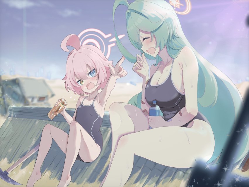 2girls abydos_high_school_swimsuit ahoge bad_anatomy bare_arms bare_legs bare_shoulders barefoot black_one-piece_swimsuit blue_archive blue_eyes blush breasts cleavage closed_eyes day fang flat_chest food green_hair hair_between_eyes halo heterochromia highres holding holding_food hoshino_(blue_archive) hoshino_(young)_(blue_archive) huge_ahoge index_finger_raised large_breasts long_hair multiple_girls one-piece_swimsuit oozumi_03 open_mouth outdoors pickaxe pink_hair pink_halo school_swimsuit short_hair shovel swimsuit thighs yellow_eyes yellow_halo yume_(blue_archive)