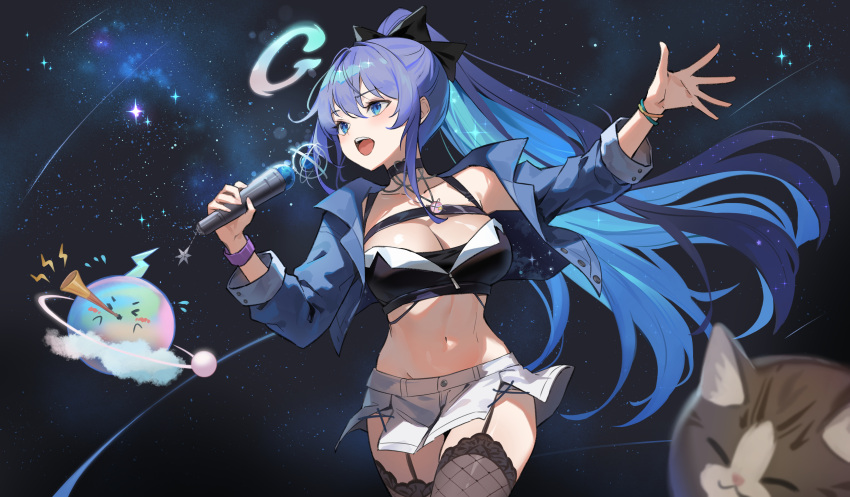 1991_(blz) 1girl absurdres animal black_bow blue_eyes blue_hair blue_shirt bow breasts brown_thighhighs cat cleavage collared_shirt commentary_request copyright_request dress_shirt fishnet_thighhighs fishnets garter_straps groin hair_between_eyes hair_bow high_ponytail highres holding holding_microphone instrument lightning_bolt_symbol long_hair long_sleeves medium_breasts microphone navel open_clothes open_mouth open_shirt ponytail puffy_long_sleeves puffy_sleeves shirt skirt solo space star_(sky) thighhighs trumpet very_long_hair virtual_youtuber white_skirt