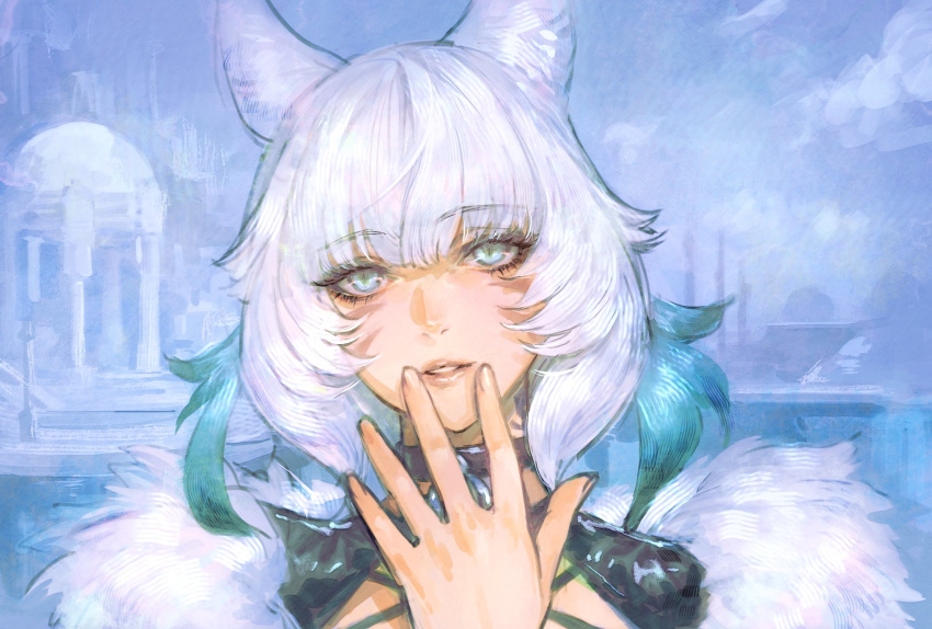 1girl animal_ears black_choker blue_eyes cat_ears choker feather_hair_ornament feathers final_fantasy final_fantasy_xiv fur_trim hair_ornament hand_on_own_face hand_up highres kin_mokusei looking_at_viewer miqo'te outdoors portrait short_hair slit_pupils solo white_hair y'shtola_rhul