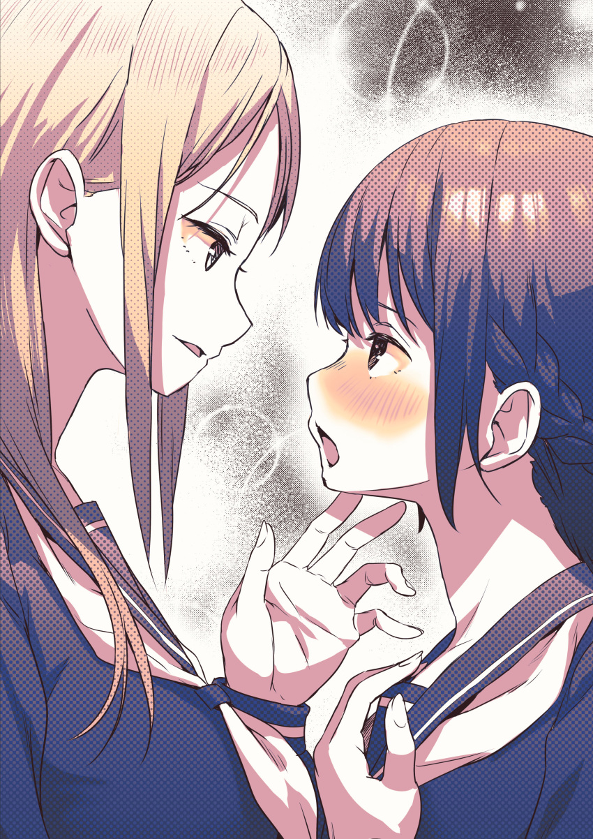 2girls absurdres ayanakitori blush commentary_request eye_contact highres looking_at_another monochrome multiple_girls neckerchief open_mouth original sailor_collar school_uniform serafuku shirt sidelocks textless_version upper_body