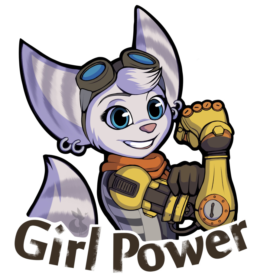 anthro blue_eyes breasts clothed clothing cybernetic_arm cybernetic_limb digital_media_(artwork) ear_piercing ear_ring eyewear eyewear_on_head female fur goggles goggles_on_head hair hi_res lombax looking_at_viewer mammal mancoin piercing ratchet_and_clank ring_piercing rivet_(ratchet_and_clank) signature simple_background small_breasts smile solo sony_corporation sony_interactive_entertainment stripes tail white_body white_fur