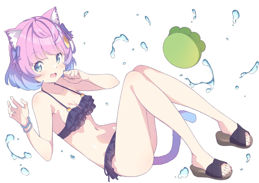 1girl :3 animal_ears bikini black_bikini blue_eyes blue_hair bow breasts cat_ears cat_girl cat_tail cleavage commentary_request fang frilled_bikini frills full_body hair_bow highres kanzaki_hiro medium_breasts medium_hair navel open_mouth original pink_hair sandals smile solo swimsuit tail water
