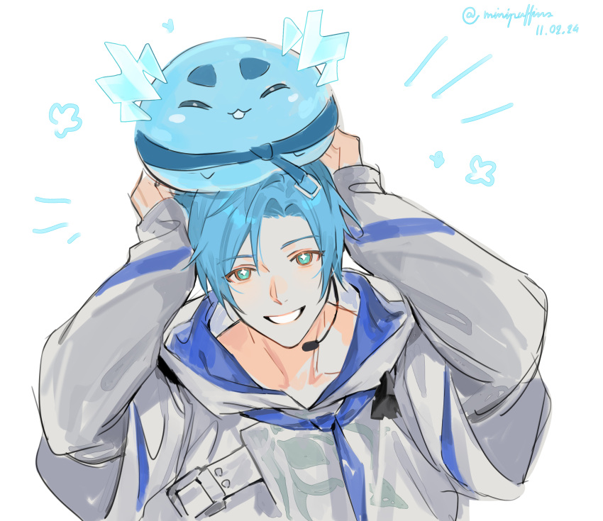 +_+ 1boy absurdres altventurer_(regis_altare) blue_hair creature_on_head dated english_commentary green_eyes happy highres holostars holostars_english light_blue_hair male_focus mouthpiece regis_altare rm-parfait short_hair sketch slime_(creature) smile solo_focus twitter_username upper_body virtual_youtuber white_background