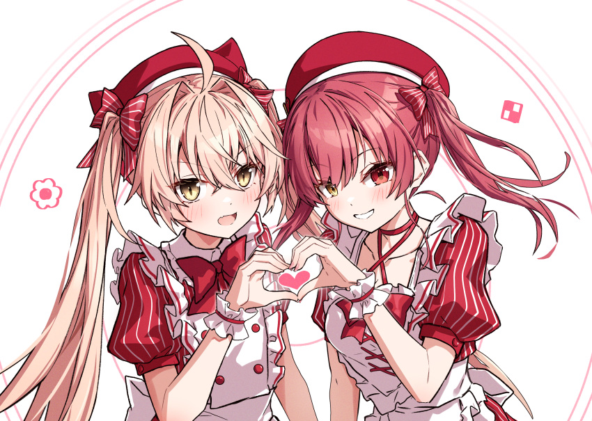 2girls ahoge alternate_costume blonde_hair blush bow bowtie collarbone commentary_request hair_between_eyes hair_bow hat heart heart_hands heart_hands_duo heterochromia highres hololive houshou_marine indie_virtual_youtuber long_hair looking_at_viewer multiple_girls puffy_short_sleeves puffy_sleeves red_bow red_bowtie red_eyes red_hair red_headwear rurudo_lion short_hair short_sleeves simple_background striped_bow striped_clothes takanashi_kei_(hitsujikan) twintails upper_body vertical-striped_clothes virtual_youtuber white_background wrist_cuffs yellow_eyes