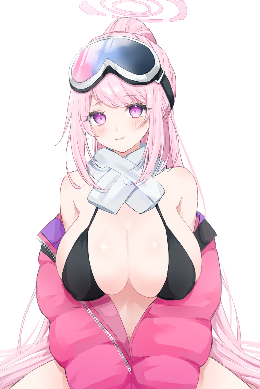 1girl absurdres bare_shoulders bikini black_bikini blue_archive blush breasts cleavage closed_mouth commentary eimi_(blue_archive) eimi_(swimsuit)_(blue_archive) goggles goggles_on_head halo highres jacket jacket_partially_removed large_breasts long_hair looking_at_viewer navel official_alternate_costume open_clothes open_jacket pink_eyes pink_hair pink_halo pink_jacket sana_(sanamaru_0w0) scarf simple_background sitting ski_goggles smile solo spread_legs swimsuit white_background white_scarf
