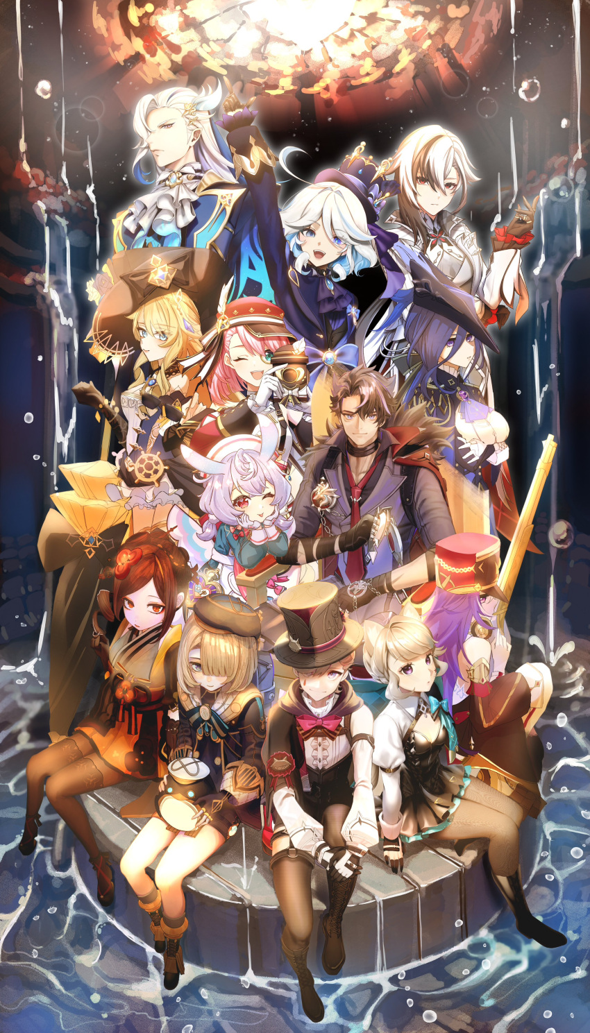 4boys 6+girls :d ;) ;p absurdres ahoge animal_ears aqua_bow arlecchino_(genshin_impact) arm_up ascot beret black_footwear black_hair black_headwear black_shirt blonde_hair blue_ascot blue_eyes blue_jacket boots bow brooch brown_hair cabbie_hat camera cat_ears charlotte_(genshin_impact) chevreuse_(genshin_impact) chiori_(genshin_impact) clorinde_(genshin_impact) coat collaboration commentary_request crossed_arms detached_sleeves freminet_(genshin_impact) furina_(genshin_impact) genshin_impact gloves grey_kimono grey_shirt grey_vest gun hat highres holding holding_camera hzulip jacket japanese_clothes jewelry juliet_sleeves kimono long_hair long_sleeves looking_at_viewer lynette_(genshin_impact) lyney_(genshin_impact) miniskirt multicolored_hair multiple_boys multiple_girls navia_(genshin_impact) necktie neuvillette_(genshin_impact) one_eye_closed open_clothes open_coat open_mouth pantyhose puffy_sleeves purple_ascot purple_hair red_headwear red_necktie rifle shako_cap shirt shoes shrug_(clothing) sigewinne_(genshin_impact) sitting skirt sleeveless sleeveless_shirt smile streaked_hair tongue tongue_out tricorne very_long_hair vest water weapon white_ascot white_coat white_gloves white_hair white_headwear white_shirt wriothesley_(genshin_impact) yellow_skirt zack_(z_kuu0720)