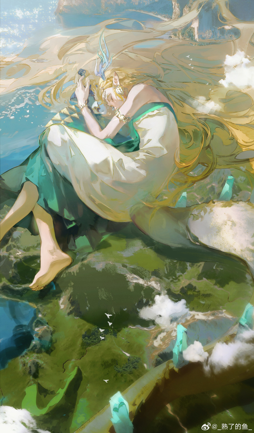 1girl absurdres antlers armlet bare_shoulders barefoot blonde_hair blue_horns bracelet closed_eyes cloud covered_mouth day dragon_tail dress earrings eyelashes fetal_position foot_out_of_frame forehead_jewel from_above giant giantess hair_spread_out highres horns jewelry light_dragon_(zelda) long_hair lying mountain nature ocean on_ground on_side outdoors princess_zelda profile shore shule_de_yu sleeping soles solo strapless strapless_dress tail the_legend_of_zelda the_legend_of_zelda:_tears_of_the_kingdom very_long_hair weibo_logo weibo_username white_dress