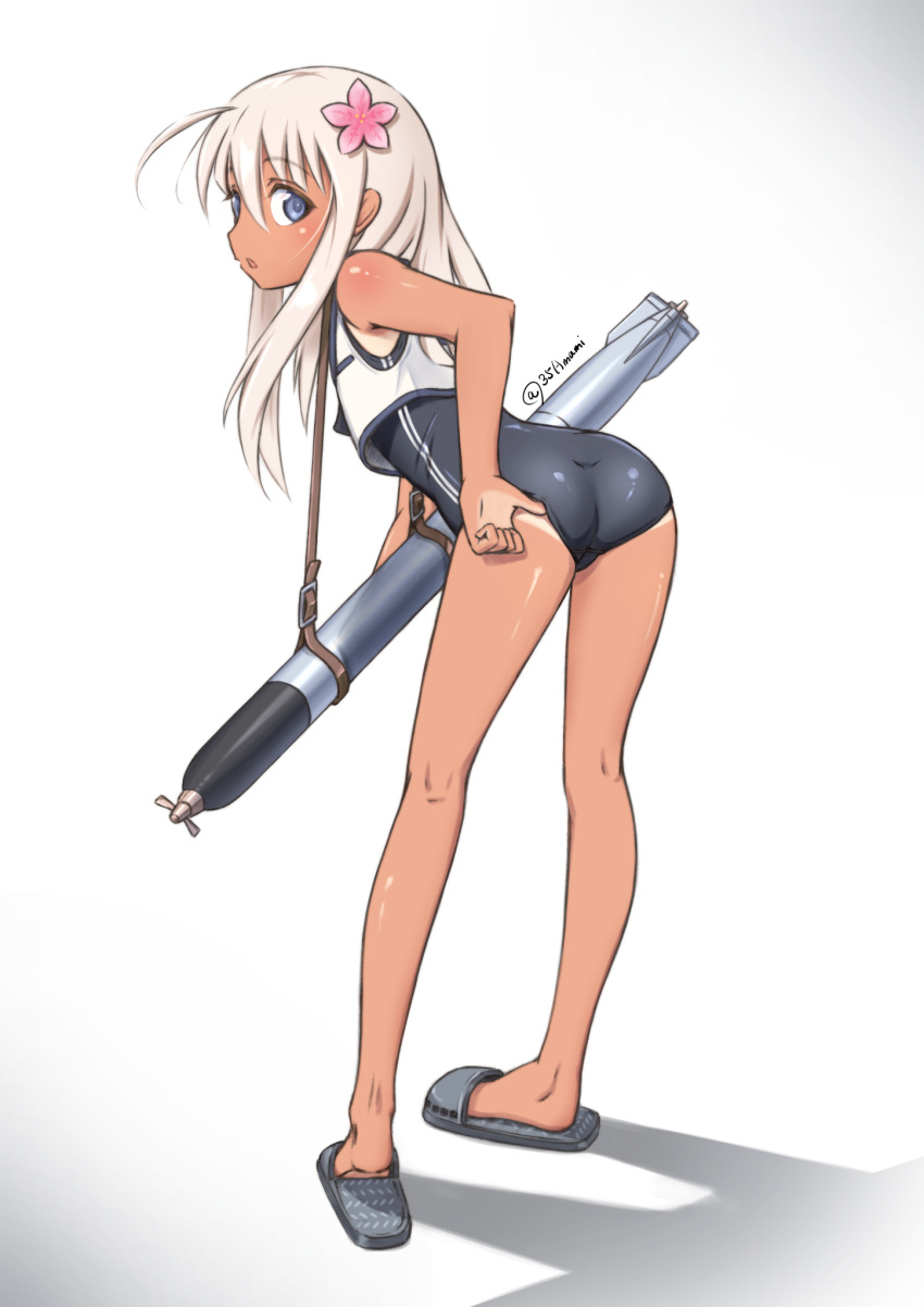 1girl ass black_one-piece_swimsuit blonde_hair blue_eyes commentary_request flower full_body gradient_background hair_flower hair_ornament highres kantai_collection long_hair looking_at_viewer looking_back one-piece_swimsuit one-piece_tan ro-500_(kancolle) sandals school_swimsuit school_uniform solo swimsuit tan tanlines tetsuryuu torpedo white_background