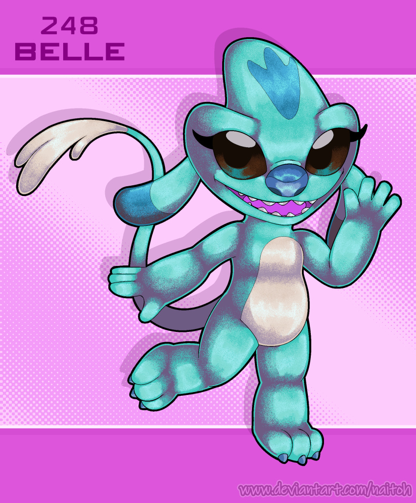2023 3_toes 4_fingers aliasing alien ambiguous_gender anthro belle_(lilo_and_stitch) biped blue_body blue_claws blue_markings blue_nose brown_eyes character_name claws digital_drawing_(artwork) digital_media_(artwork) dipstick_ears disney experiment_(lilo_and_stitch) facial_markings feet female_(lore) fingers forehead_markings gesture head_markings hi_res lilo_and_stitch markings multicolored_ears naitoh no_sclera on_one_leg open_mouth open_smile pink_background simple_background smile solo standing text toe_claws toes url waving