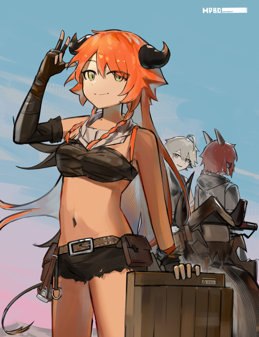 1other 2girls absurdres arknights arm_up asymmetrical_gloves bandeau bare_shoulders belt black_gloves black_shorts blue_sky braid breasts brown_belt commentary cowboy_shot croissant_(arknights) croissant_(seeker)_(arknights) day gloves green_eyes highres long_hair looking_at_viewer mayer_(arknights) medium_breasts midriff multiple_girls navel official_alternate_costume orange_hair pouch shenwu short_shorts shorts sky smile standing stomach strapless thighs tube_top twin_braids very_long_hair w