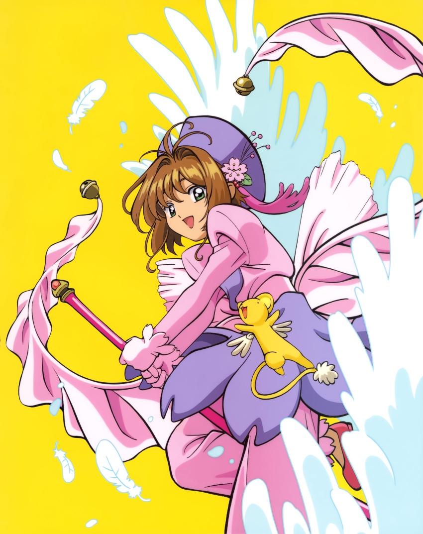 1girl absurdres brown_hair cardcaptor_sakura child gloves green_eyes hair_ornament highres kero kinomoto_sakura magical_girl official_art open_mouth pink_footwear pink_gloves purple_headwear short_hair simple_background yellow_background