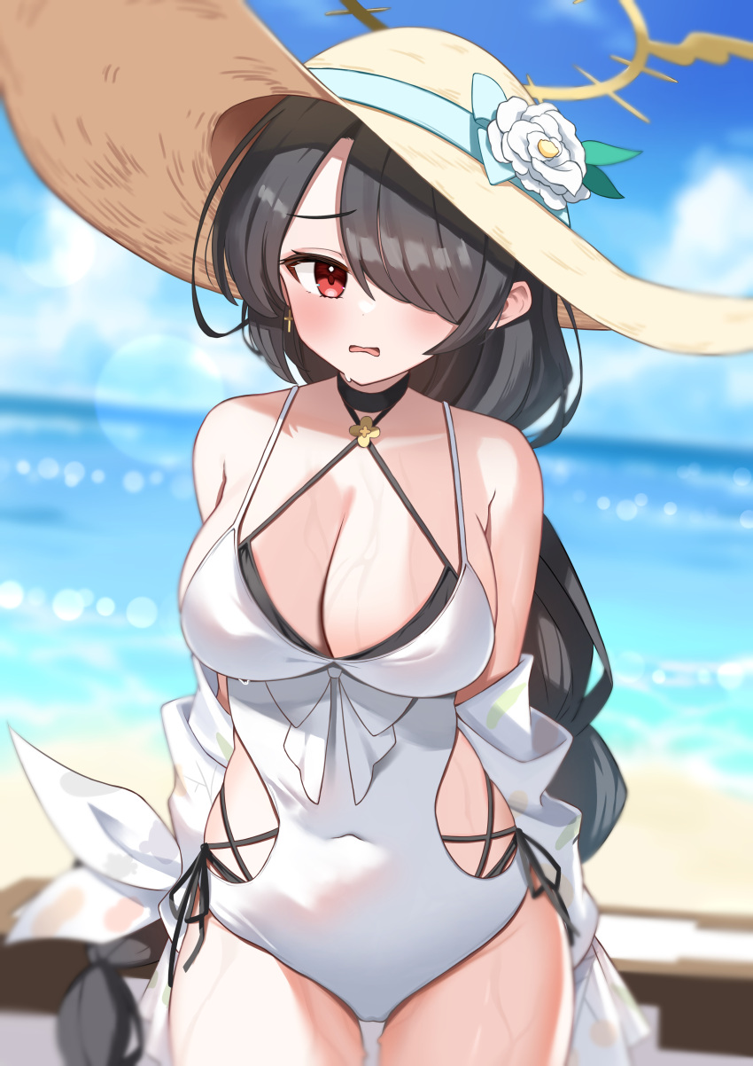 1girl absurdres beach bikini black_bikini black_hair blue_archive blurry blurry_background breasts cleavage cloud cowboy_shot criss-cross_halter cross cross_earrings earrings flower hair_over_one_eye halo halterneck hat hat_flower highres hinata_(blue_archive) hinata_(swimsuit)_(blue_archive) hip_vent horizon jewelry large_breasts long_hair nekonosippo0702 ocean one-piece_swimsuit red_eyes rose side-tie_bikini_bottom sky solo sun_hat swimsuit wet wet_clothes wet_swimsuit white_flower white_one-piece_swimsuit white_rose