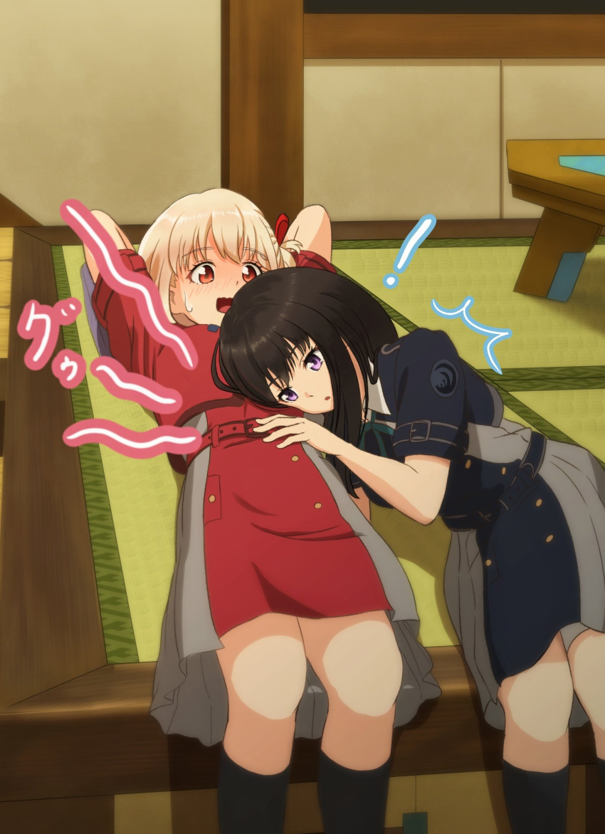 ! 2girls arema belt black_hair blonde_hair blush dress embarrassed hand_on_another's_stomach head_on_another's_stomach highres indoors inoue_takina long_hair lycoris_recoil lying multiple_girls nishikigi_chisato on_back on_floor on_side open_mouth pleated_dress pleated_skirt purple_eyes red_eyes short_hair skirt socks stomach_growling surprised sweatdrop