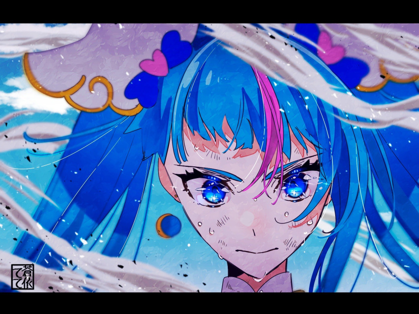 1girl aoi_tete artist_logo blue_eyes blue_hair blue_sky closed_mouth cloud cloudy_sky commentary cure_sky cut_bangs day earrings frown highres hirogaru_sky!_precure jewelry letterboxed long_hair looking_at_viewer magical_girl multicolored_hair outdoors pink_hair precure single_sidelock sky smoke solo sora_harewataru streaked_hair sweat twintails wind wing_hair_ornament