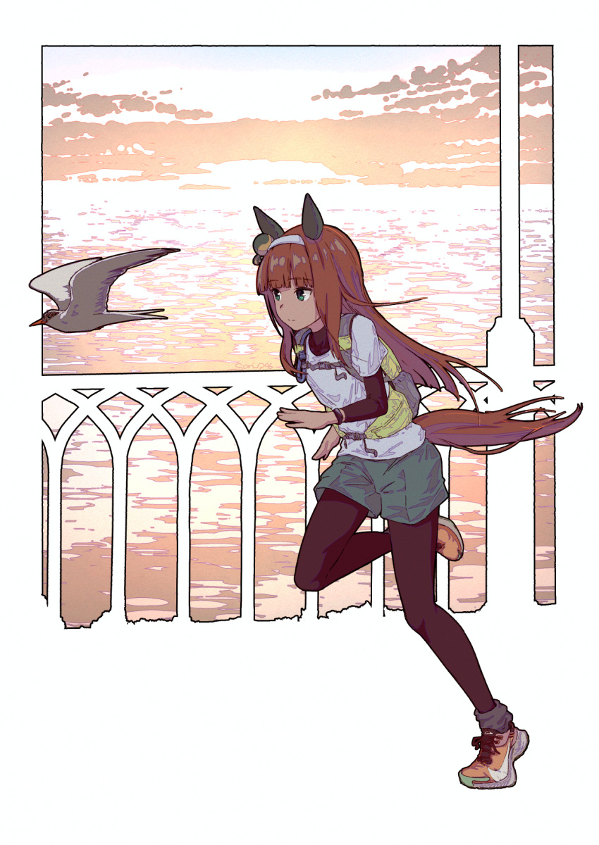 1girl animal_ears backpack bag bird black_bodysuit blunt_bangs bodysuit buruma closed_mouth ear_covers full_body goripan green_eyes green_shorts hairband highres horizon horse_ears horse_girl horse_tail long_hair ocean orange_footwear orange_hair railing shirt shoes shorts silence_suzuka_(umamusume) smile snap-fit_buckle sneakers solo sunlight tail umamusume watch white_shirt wristwatch