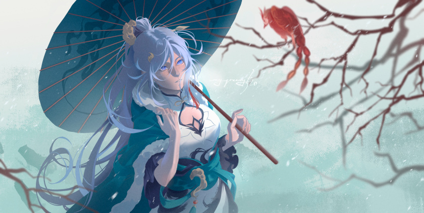 1girl aqua_cape bare_shoulders bird_hair_ornament blue_eyes blue_hair branch cape china_dress chinese_clothes cleavage_cutout clothing_cutout dress earrings fu_hua fu_hua_(azure_empyrea) fur-trimmed_cape fur_trim grey_hair hair_between_eyes hair_ornament hairpin hanfu high_ponytail highres holding holding_umbrella honkai_(series) honkai_impact_3rd jewelry long_hair looking_at_animal meg_greeny520 oil-paper_umbrella paintbrush paintbrush_hair_ornament pleated_sleeves ponytail red_bird shoulder_cutout single_earring solo tassel tassel_earrings umbrella white_dress wide_sleeves yin_yang