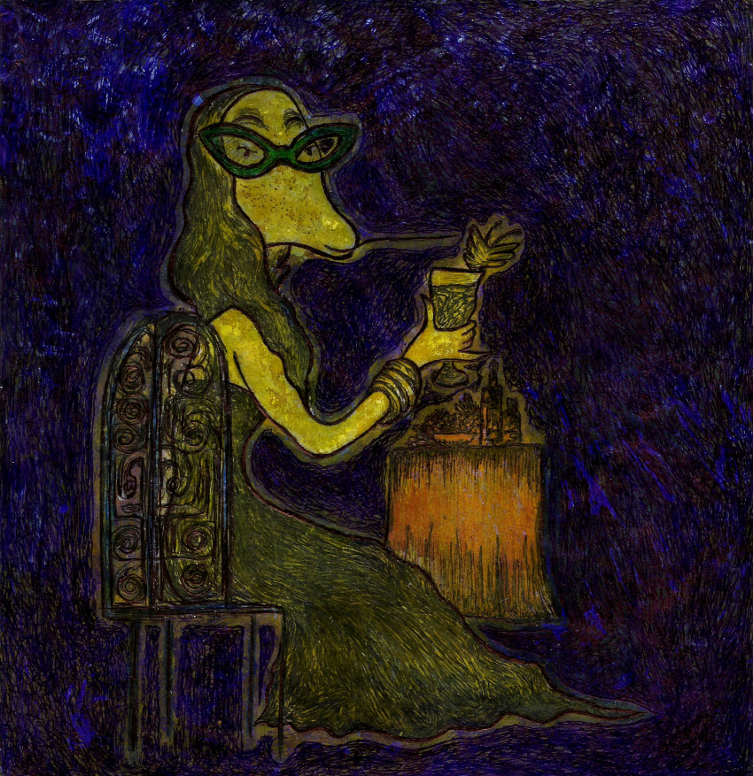 abstract_background absurd_res armlet cigarette_holder clothing colored_pencil_(artwork) container cup dress drinking_glass eyewear female furniture glass glass_container glass_cup glasses hair hi_res holding_glass holding_object humanoid janet_k_wallace long_hair looking_at_viewer nadya_(moomins) night painting_(artwork) sitting smile solo table the_moomins traditional_media_(artwork) watercolor_(artwork)