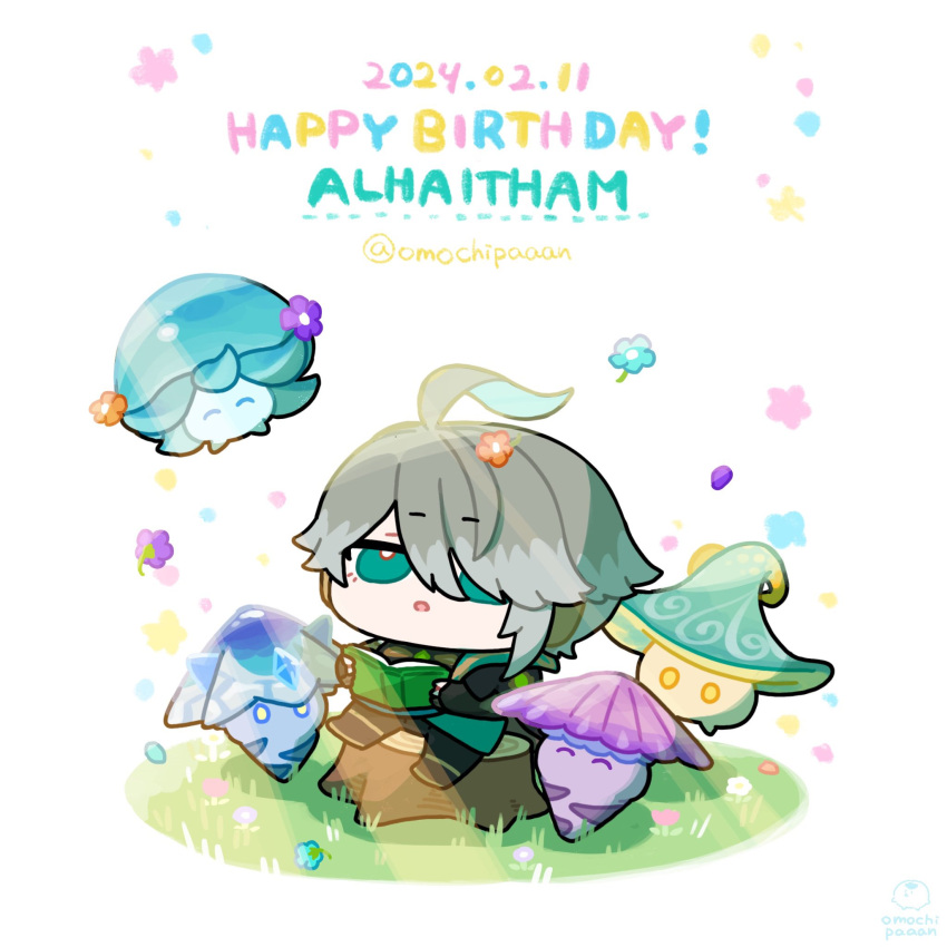 1boy :o ^_^ ahoge alhaitham_(genshin_impact) artist_name black_gloves black_shirt blue_flower book cape character_name chibi closed_eyes commentary_request flower fungi_(genshin_impact) genshin_impact gloves grass green_cape green_eyes green_hair grey_hair hair_between_eyes hair_over_one_eye happy_birthday highres holding holding_book light_rays male_focus multicolored_hair omochi_binta open_book open_mouth parted_bangs pink_flower purple_flower shirt short_hair sidelocks simple_background sitting sitting_on_tree_stump solo swept_bangs tree_stump twitter_username white_background white_flower