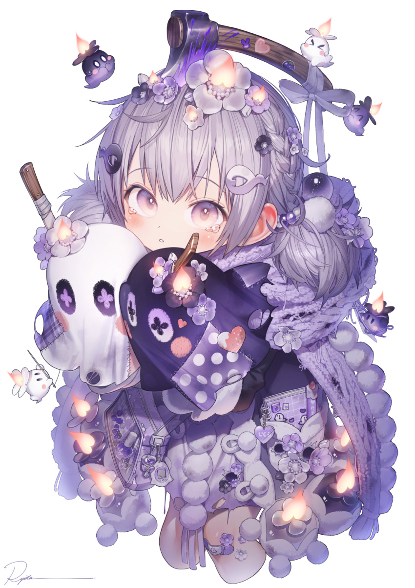 1girl artist_name axe barefoot black_flower blush braid chibi commentary cropped_legs feet_out_of_frame flower ghost grey_hair hair_flower hair_ornament hairpin heart heart_stickers highres looking_at_viewer low_twintails needle notebook original parted_lips patch pom_pom_(clothes) purple_eyes purple_flower ryota_(ry_o_ta) short_twintails signature simple_background sleeves_past_fingers sleeves_past_wrists solo sticker symbol-only_commentary tears twintails white_background white_flower