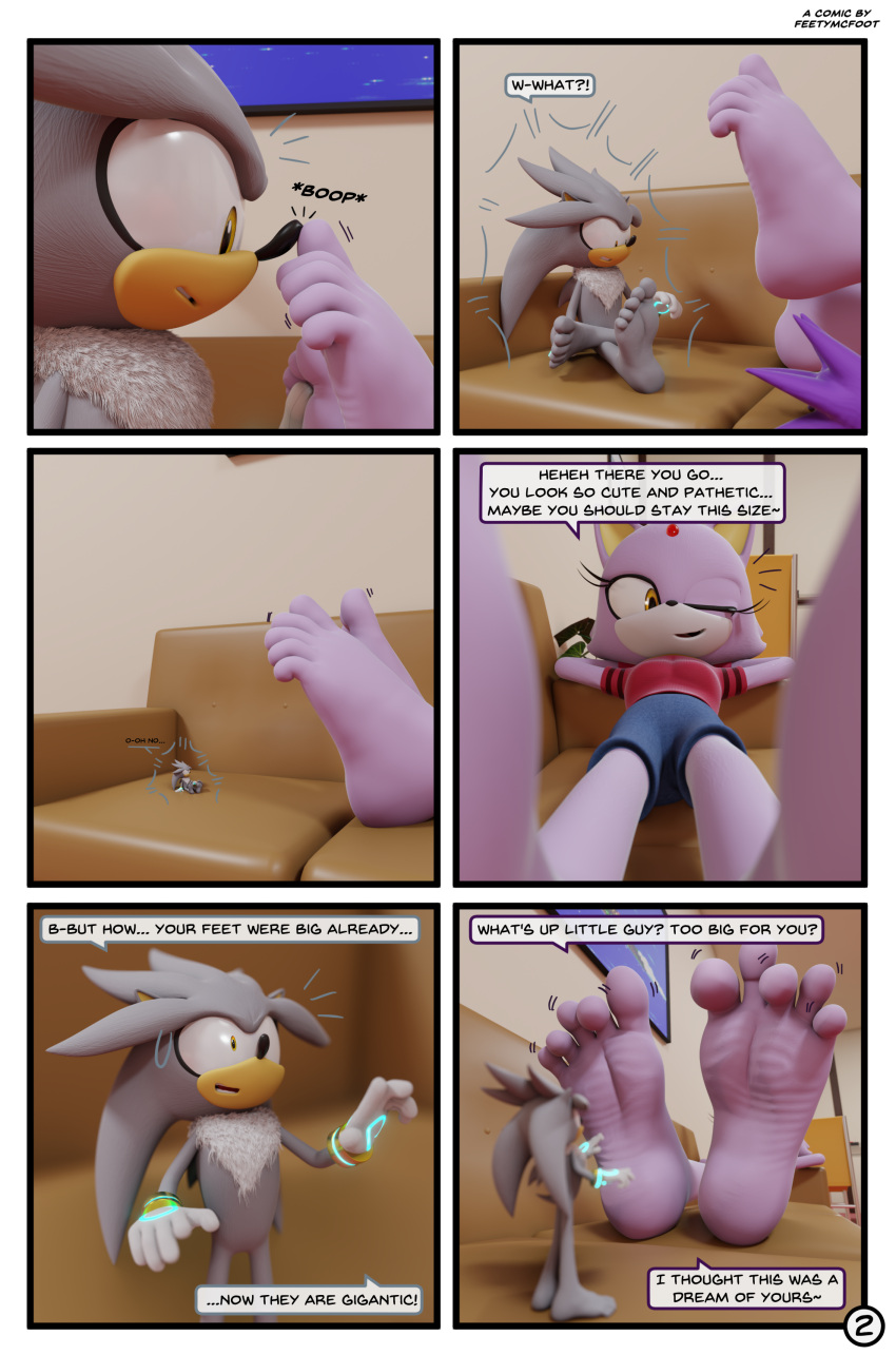 5_toes absurd_res anthro barefoot blaze_the_cat comic dialogue duo english_text feet feetymcfoot female foot_fetish foot_focus foot_play hi_res humanoid_feet male male/female micro plantigrade sega shrinking silver_the_hedgehog size_transformation soles sonic_the_hedgehog_(series) speech_bubble text toes transformation