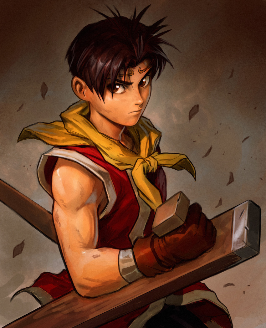 1boy brown_eyes brown_hair dave_rapoza gensou_suikoden gensou_suikoden_ii gloves highres leaf male_focus neckerchief red_gloves riou_(gensou_suikoden) serious solo toned toned_male upper_body v-shaped_eyebrows yellow_neckerchief